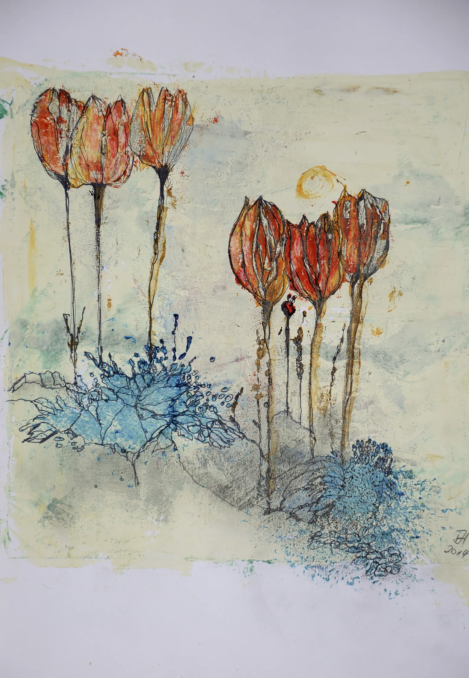 tulpen,acryl ,tusche auf papier ,din a4 ,2015
